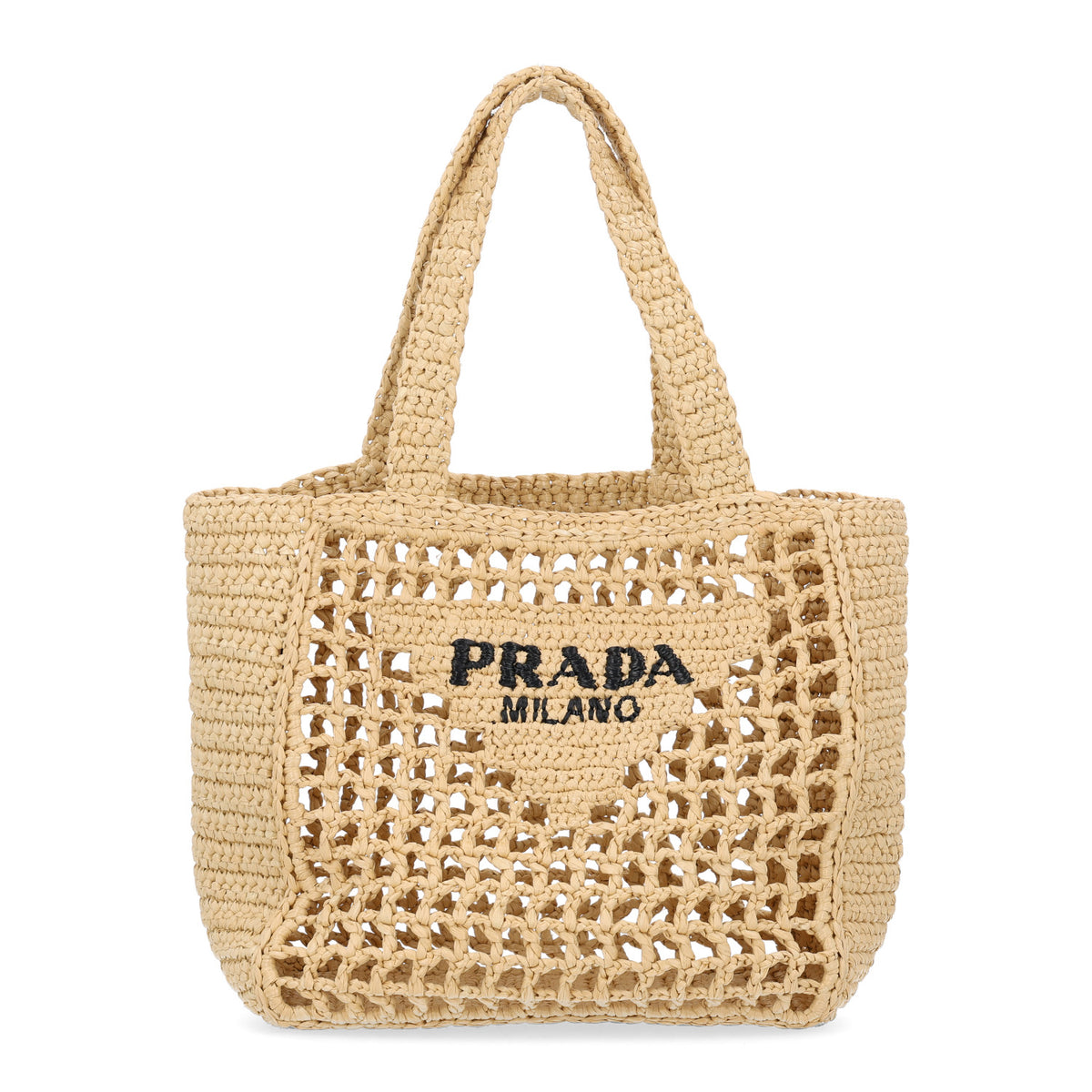 PRADA Yarn Raffia Effect Crochet Logo Embroidered Small Tote Bag Naturale