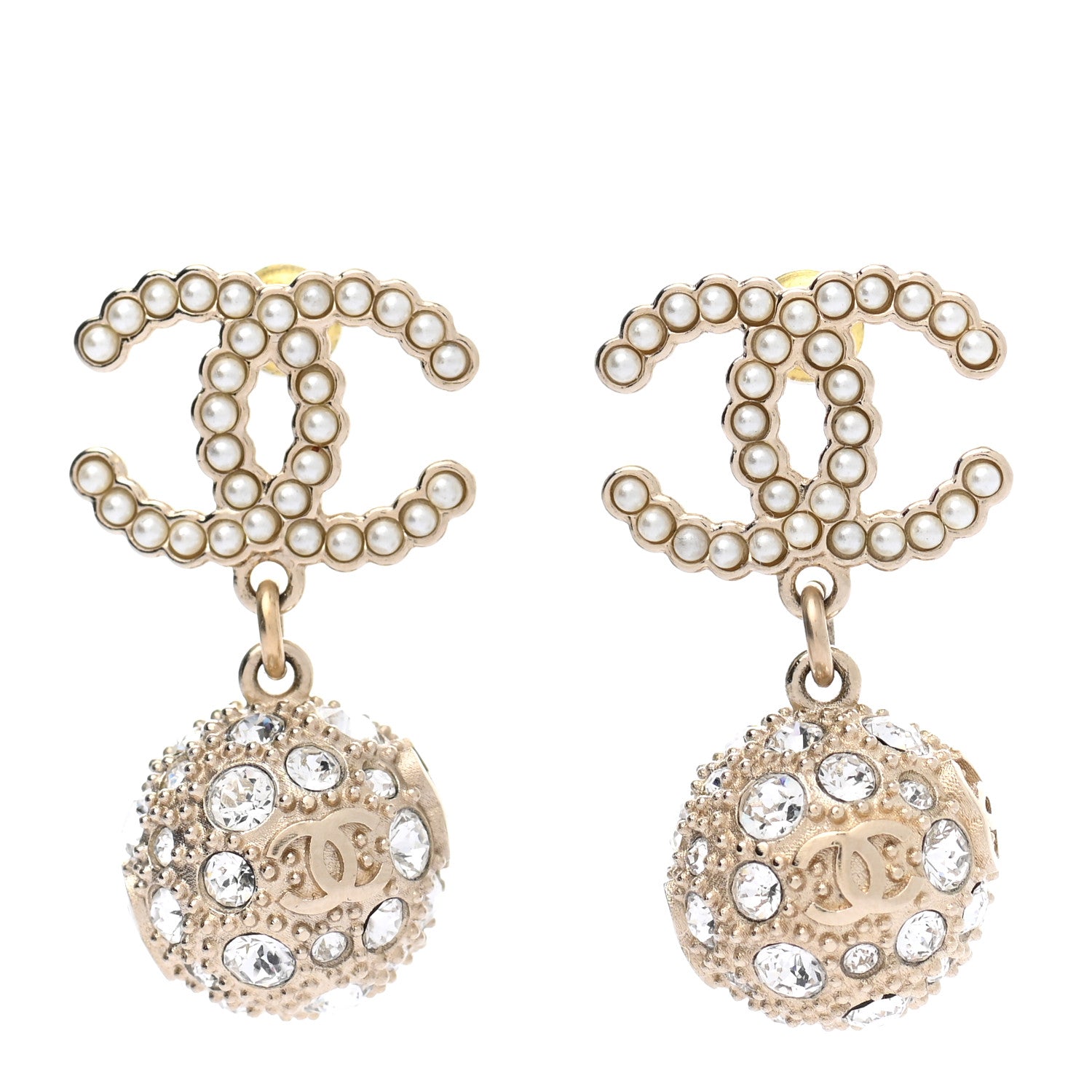 Chanel Crystal Pearl CC Drop Earrings Gold Pearly White 1 of 5