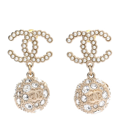 Chanel Crystal Pearl CC Drop Earrings Gold Pearly White 1 of 5
