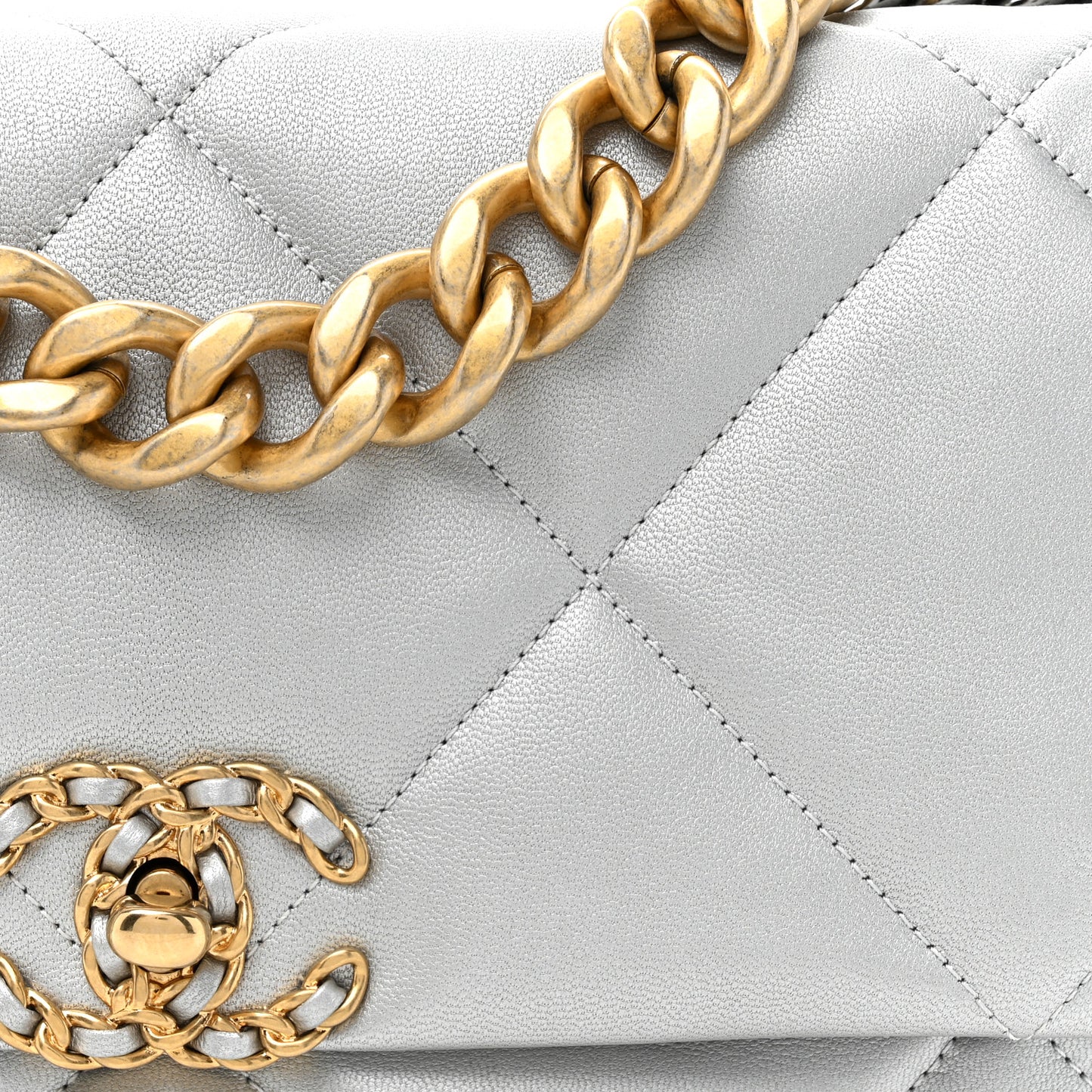 Metallic Goatskin Quilted Large Chanel 19 Flap Silver