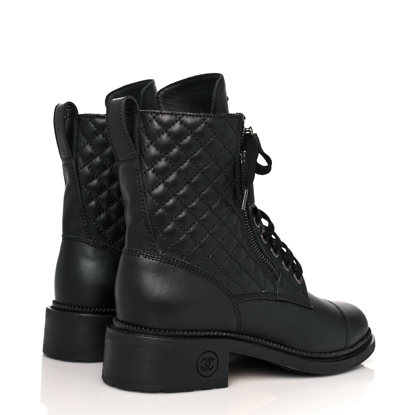 Calfskin Quilted Lace Up Combat Boots 38.5 Black