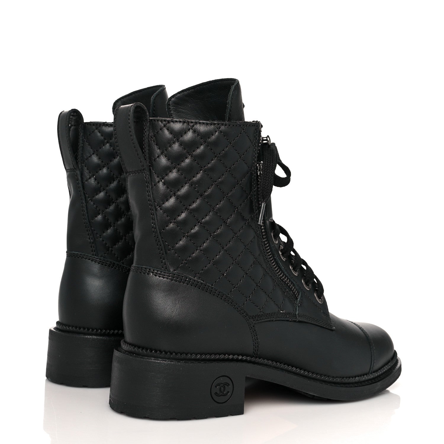 Chanel Calfskin Quilted Lace Up Combat Boots 38.5 Black 4 of 9