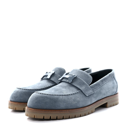 Hermes Suede Goatskin Womens Faubourg Loafers 37 Bleu Pinede 3 of 9