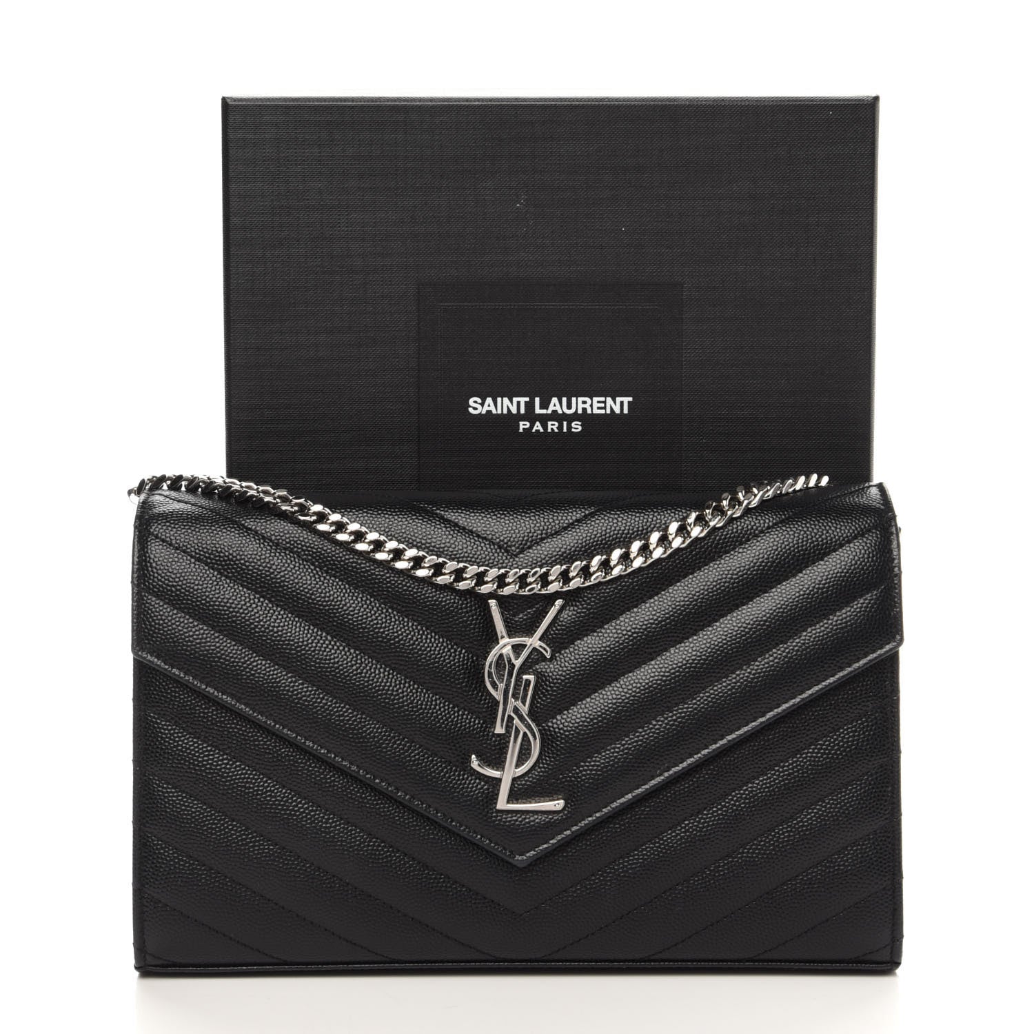 Saint Laurent Grain De Poudre Matelasse Chevron Monogram Chain Wallet Black 10 of 10