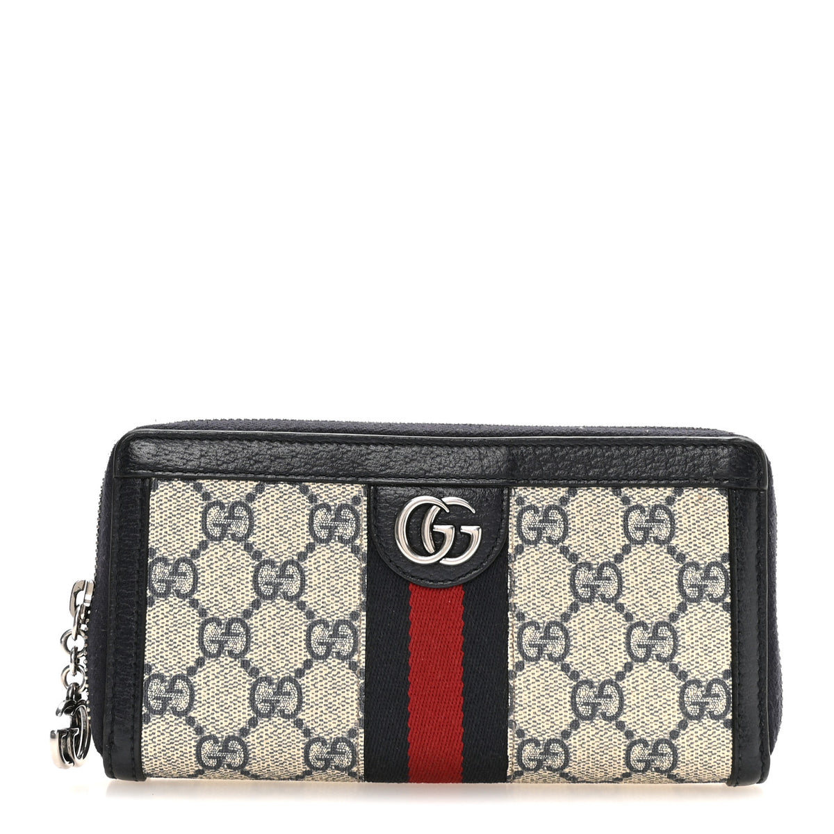 Gucci GG Supreme Monogram Textured Dollar Calfskin Web Ophidia Zip Around Wallet Beige Blue 1 of 9
