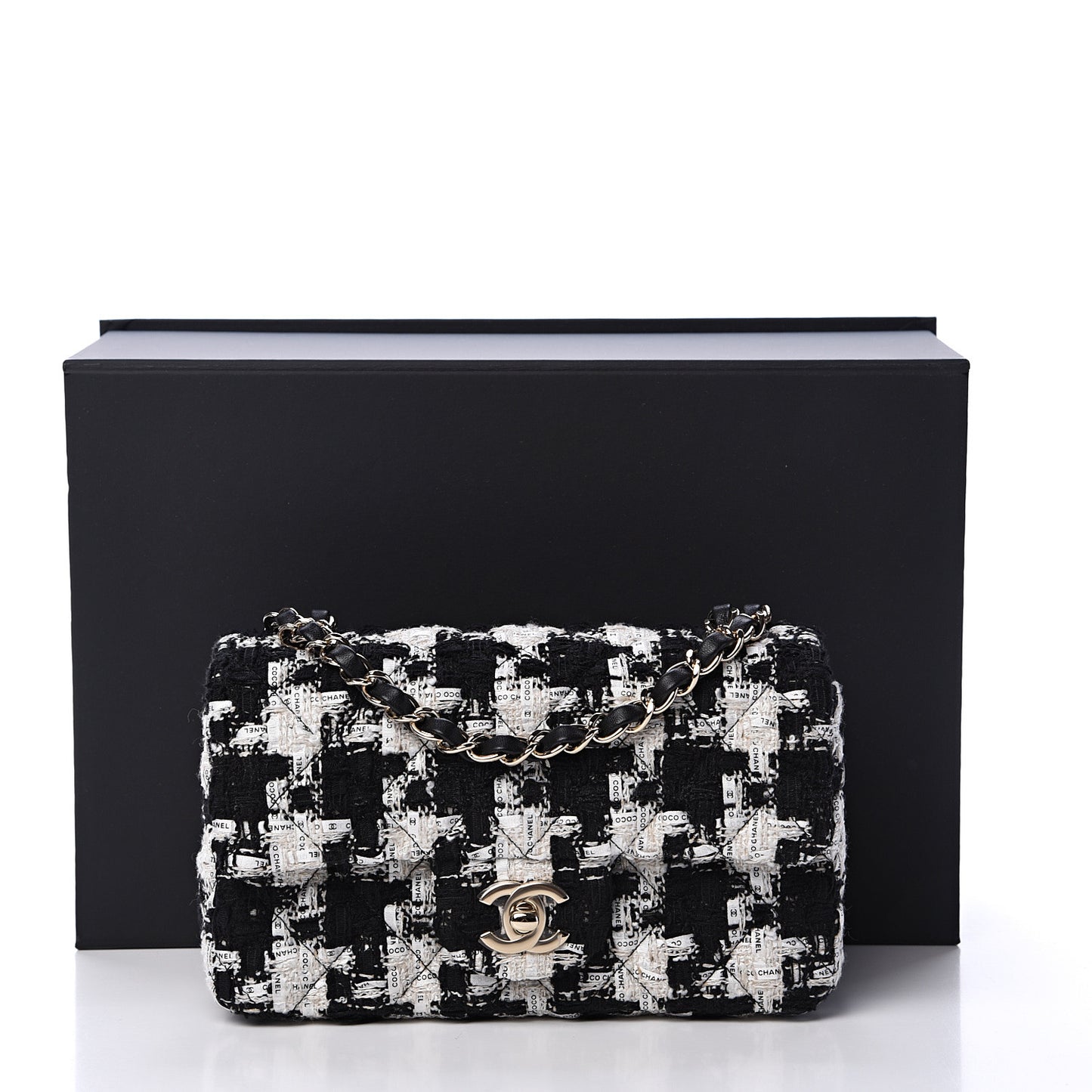 Tweed Quilted Mini Rectangular Flap Black Ecru White