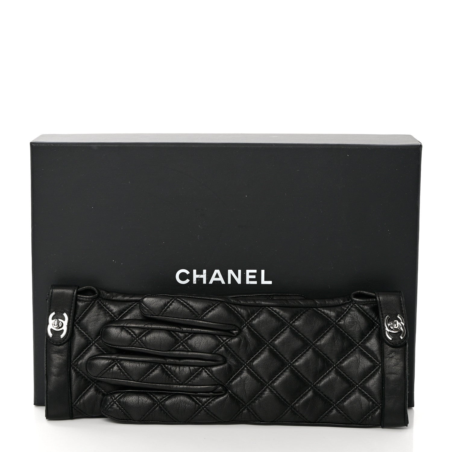 Chanel Lambskin Quilted Turnlock Gloves 7.5 Black 7 of 7
