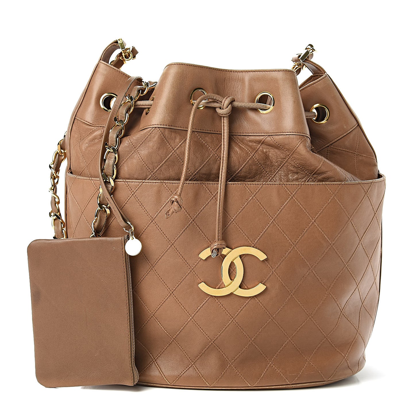 Lambskin Diamond Stitched CC Drawstring Bag Beige