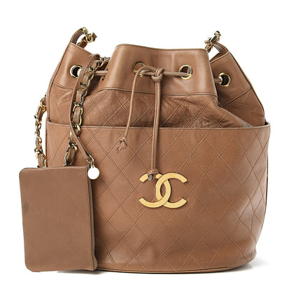 Chanel Lambskin Diamond Stitched CC Drawstring Bag Beige 1 of 10
