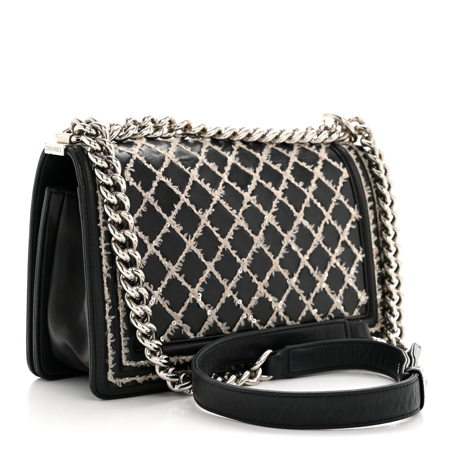 Calfskin Tweed Sequin Stitched Medium Boy Flap Black White