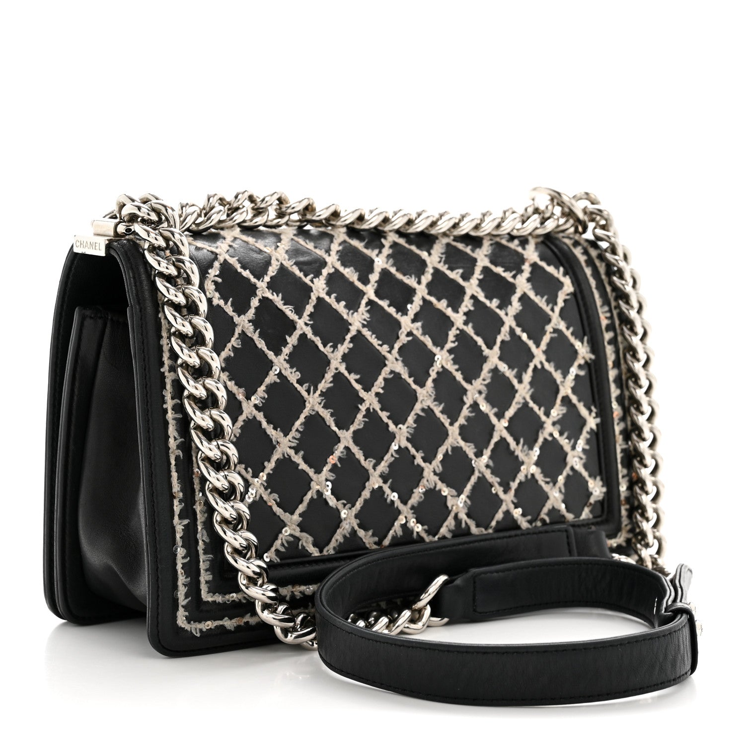 Chanel Calfskin Tweed Sequin Stitched Medium Boy Flap Black White 3 of 15