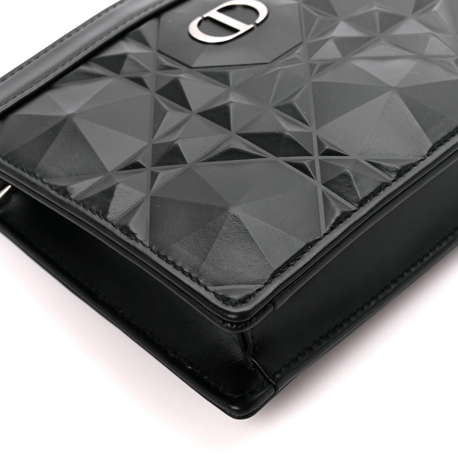 Christian Dior Calfskin Macrocannage Diamond Caro Zipped Pouch With Chain Black 9 of 10