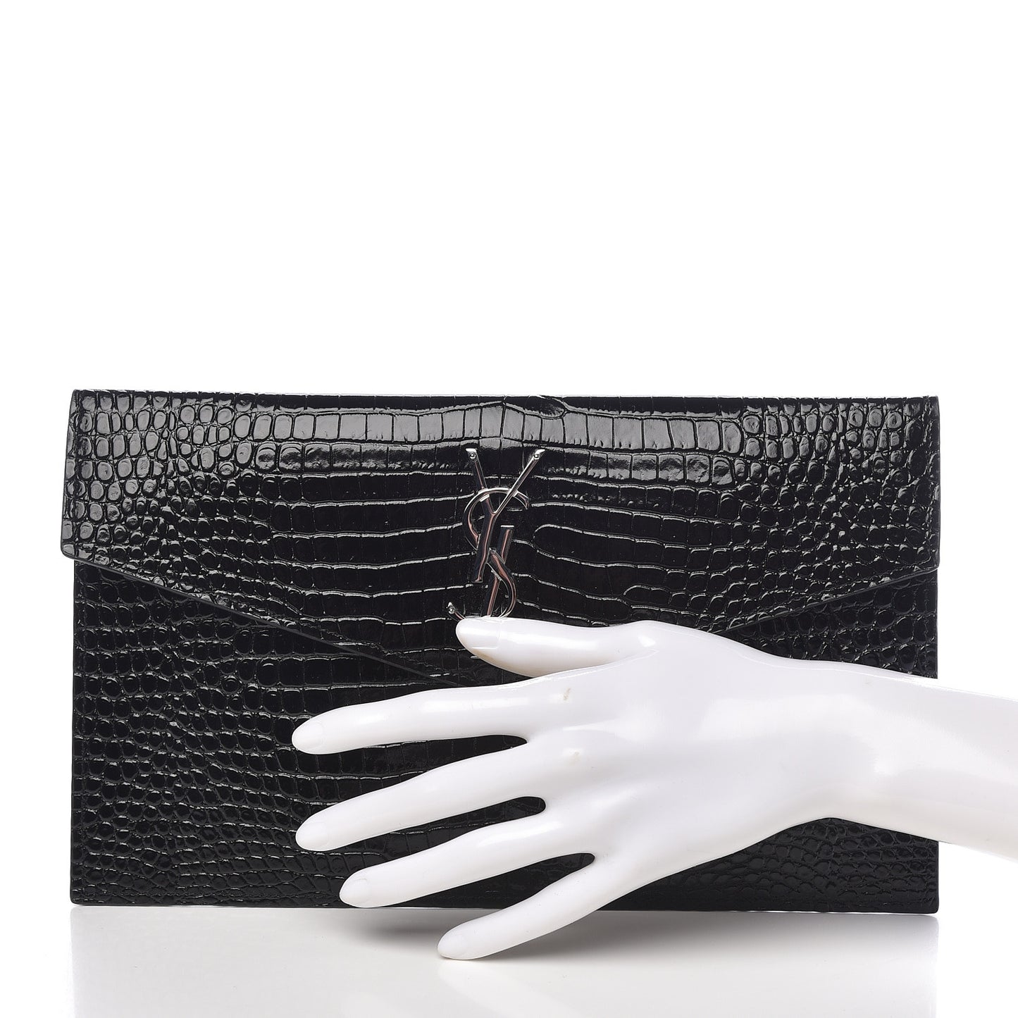 Calfskin Crocodile Embossed Uptown Monogram Clutch Black