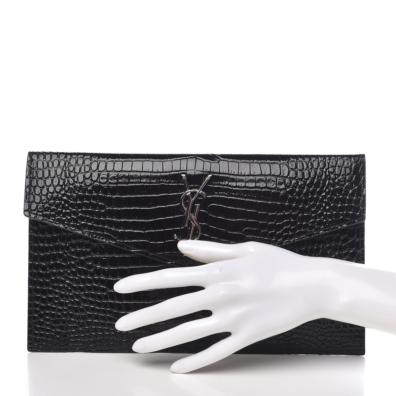 Saint Laurent Calfskin Crocodile Embossed Uptown Monogram Clutch Black 2 of 8