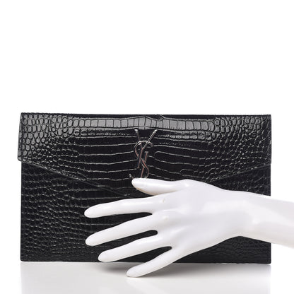 Saint Laurent Calfskin Crocodile Embossed Uptown Monogram Clutch Black 2 of 8