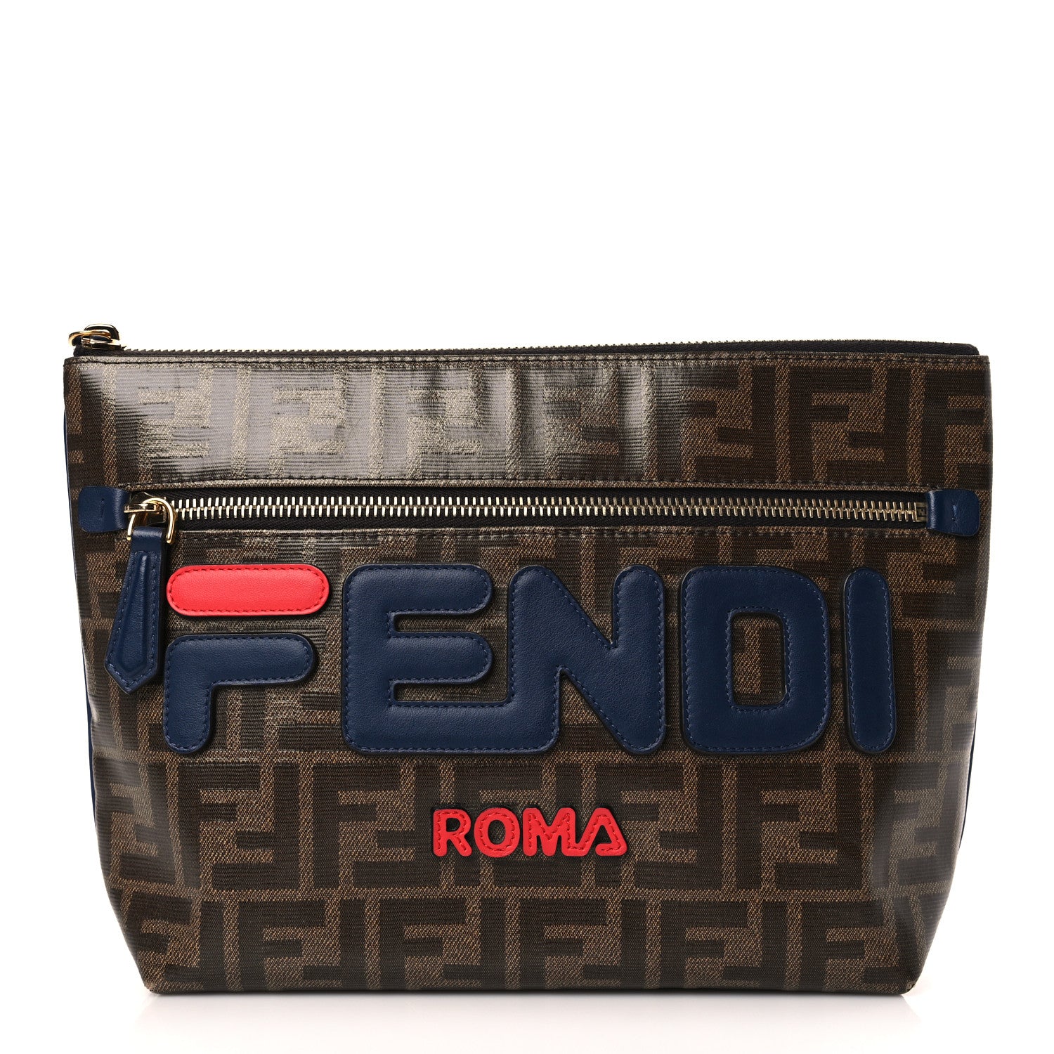 Fendi X FILA Glazed Fabric Vitello Century FF 1974 Mania Pouch Mogano Panna Blueberry 1 of 9