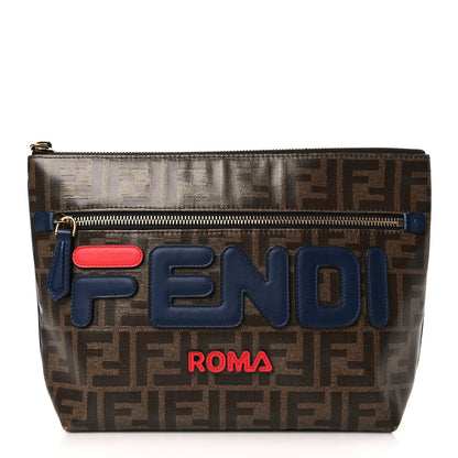Fendi X FILA Glazed Fabric Vitello Century FF 1974 Mania Pouch Mogano Panna Blueberry 1 of 9