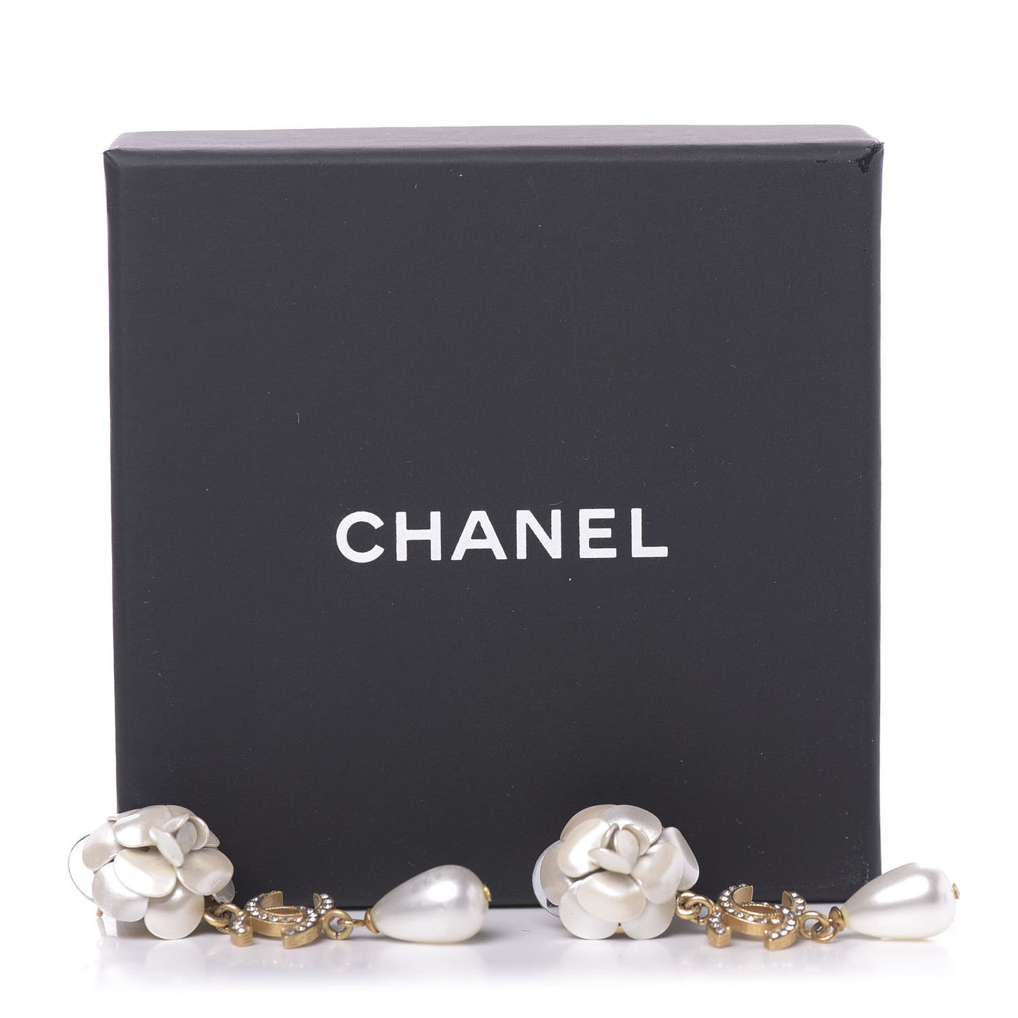 Metal Crystal Pearl 90s Camellia CC Drop Earrings Gold