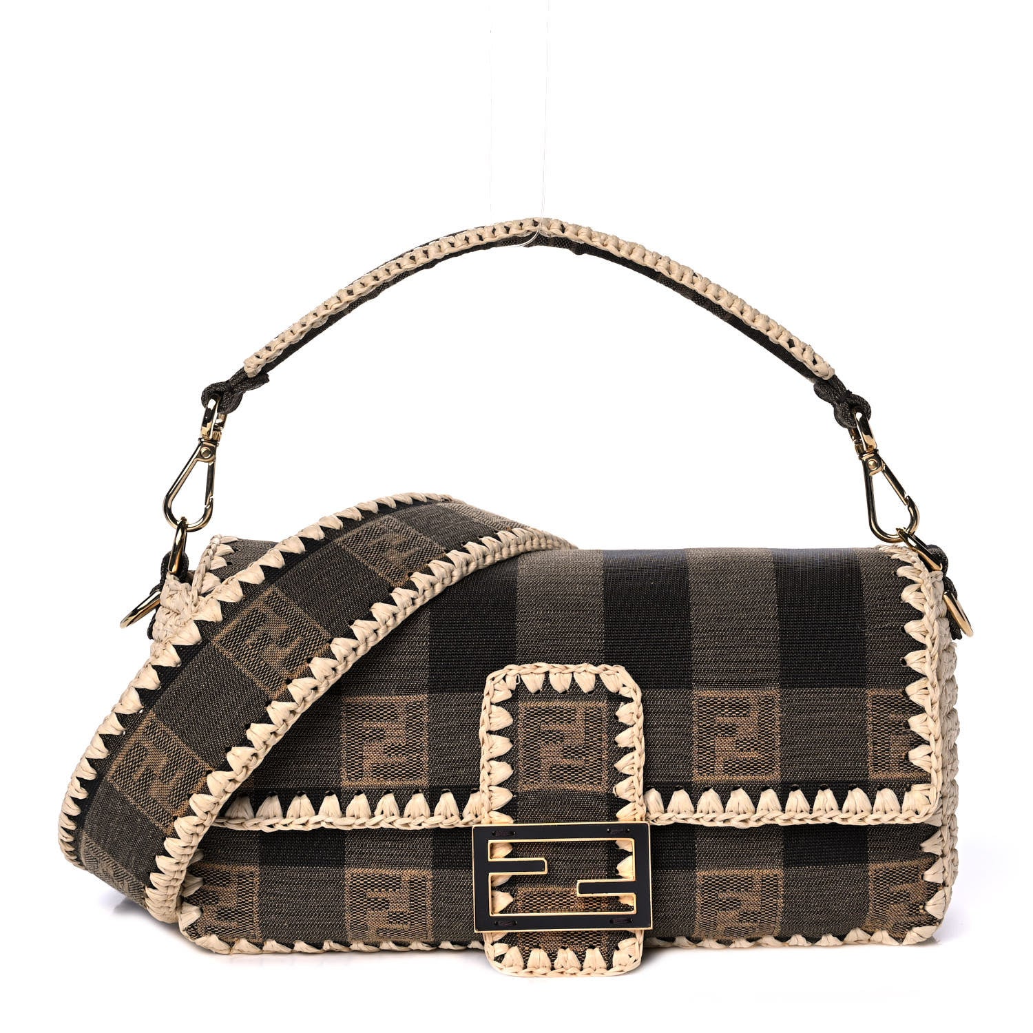 Fendi Fabric Jacquard Raffia Straw Pequin Gingham Woven Baguette Beige Black Natural 1 of 11