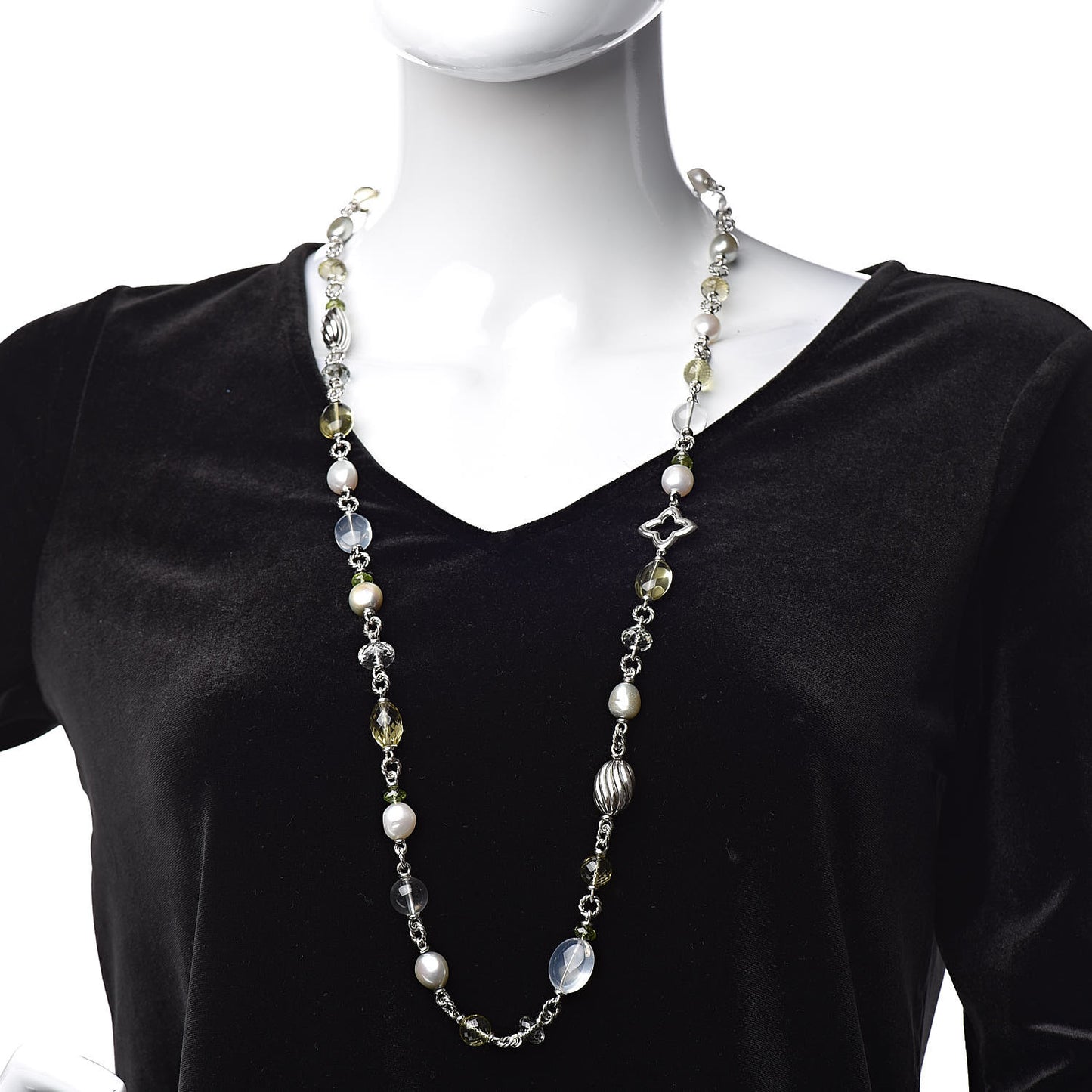 Sterling Silver Pearl Peridot Citrine Quartz Quatrefoil Chain Necklace