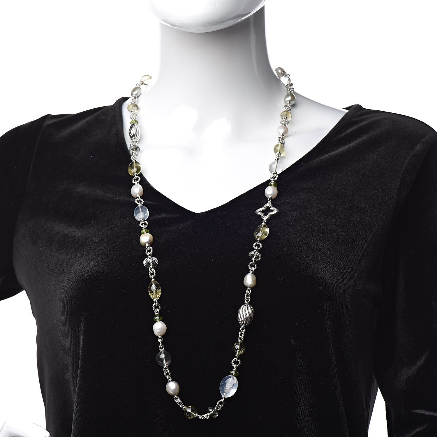 David Yurman Sterling Silver Pearl Peridot Citrine Quartz Quatrefoil Chain Necklace 2 of 6