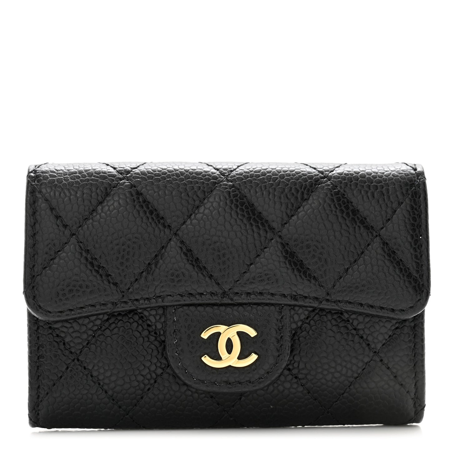 Caviar Quilted Flap Card Holder Wallet Black