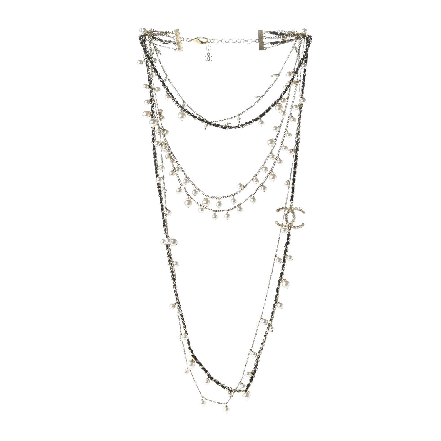 Chanel Pearl Crystal Lambskin CC Multi Strand Necklace Light Gold Black 3 of 6