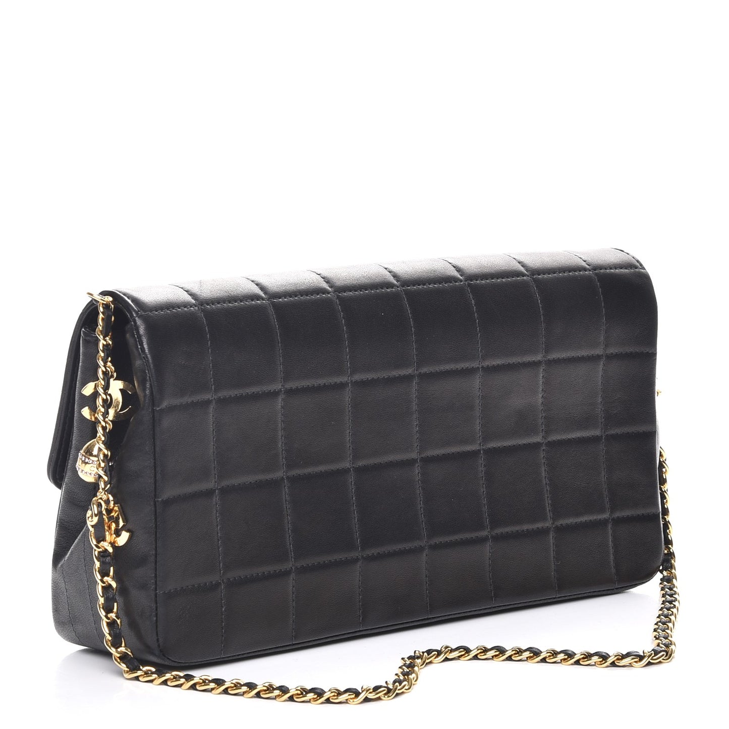 Lambskin Quilted Crystal Chocolate Bar Charm Flap Black