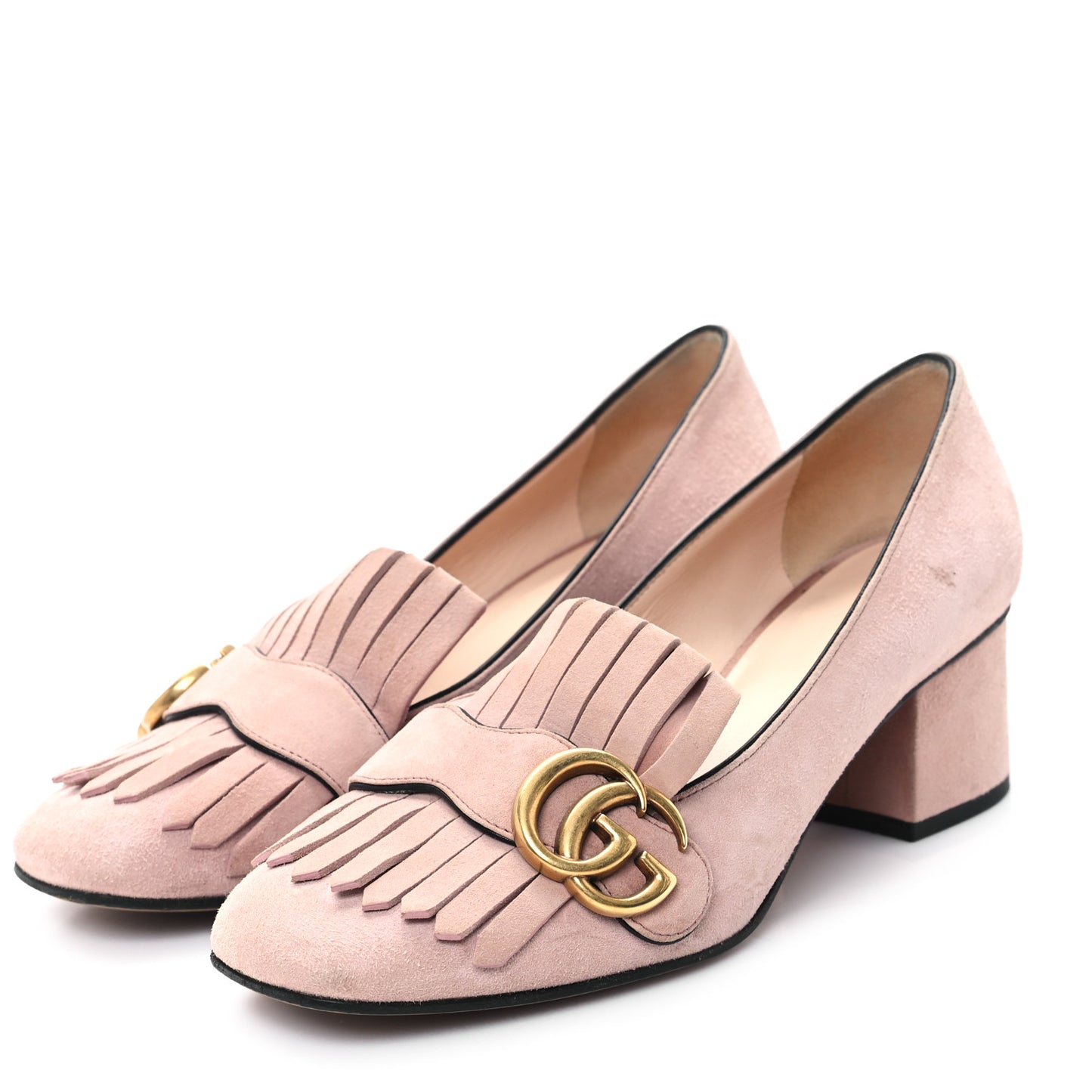 Kid Scamosciato GG Marmont Fringe 50mm Loafer Pumps 37 Crystal Pink