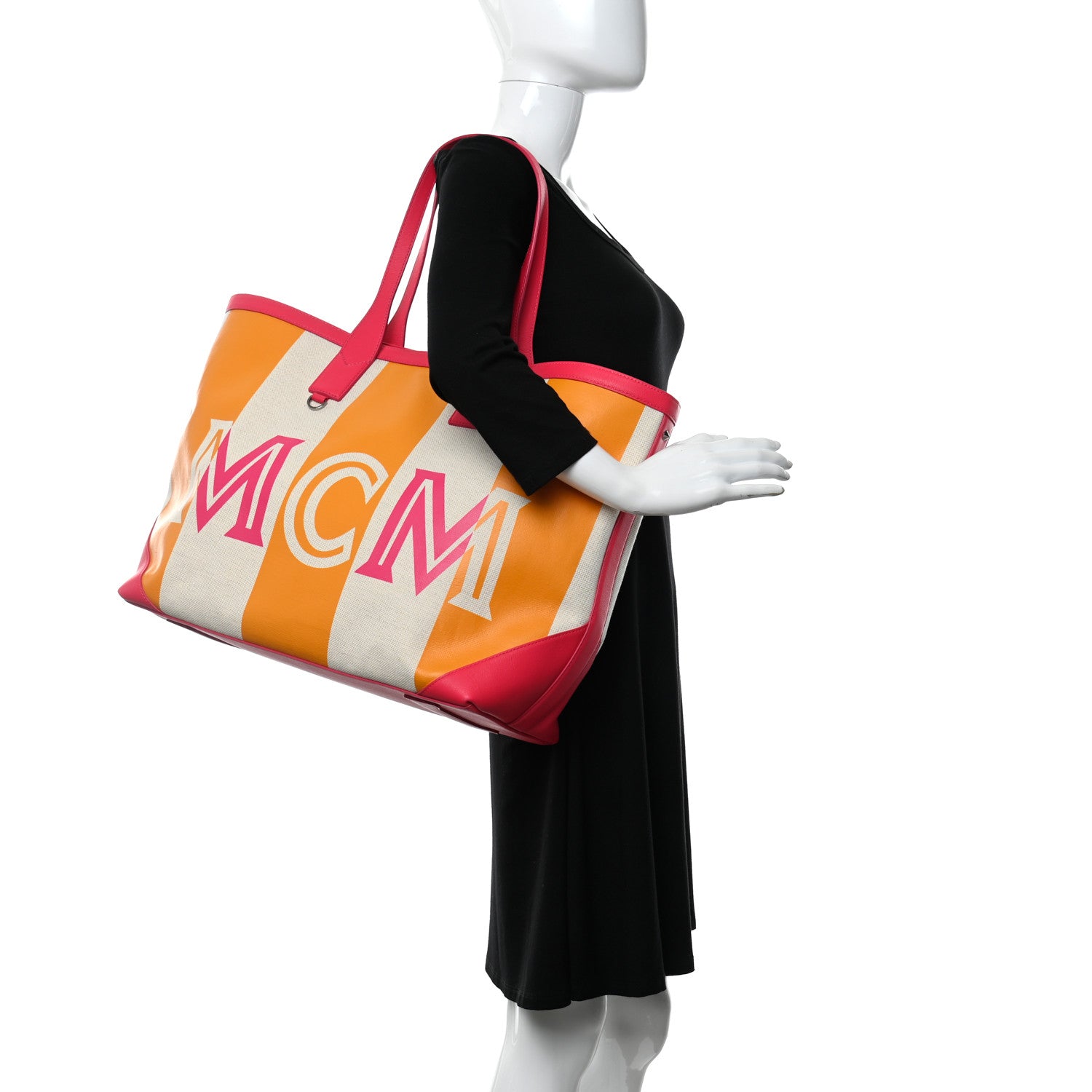 MCM Canvas Stripe Ilse Large Shopper Tote Orange Pink 2 of 10