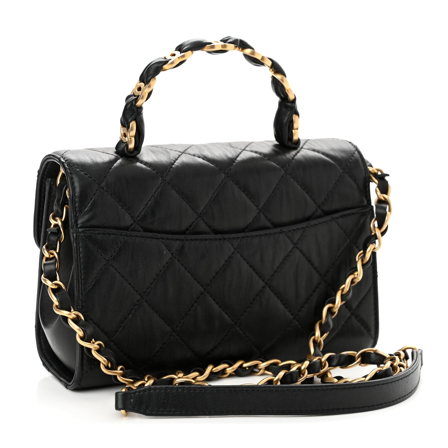 Crumpled Lambskin Quilted Mini CC Links Top Handle Flap Black