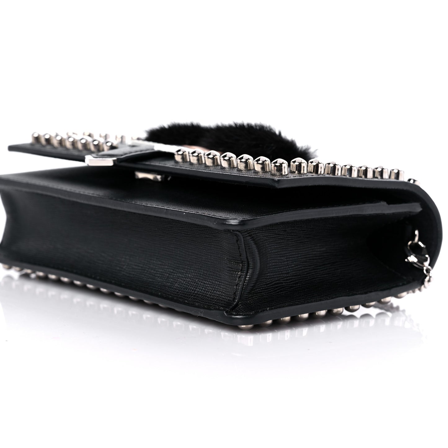 Vitello Elite Mink Fur Studded Karlito Tube Wallet on Chain Black