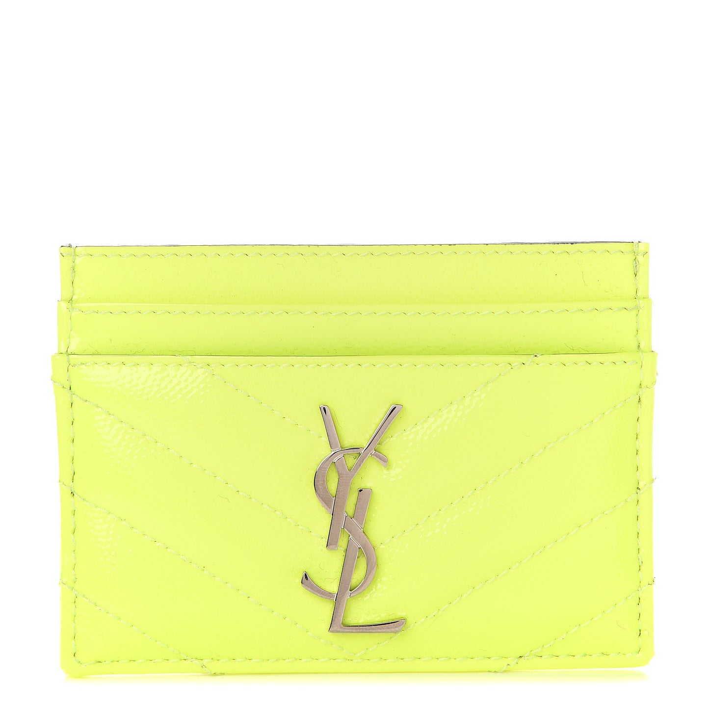 Patent Grain De Poudre Matelasse Chevron Monogram Credit Card Case Neon Yellow