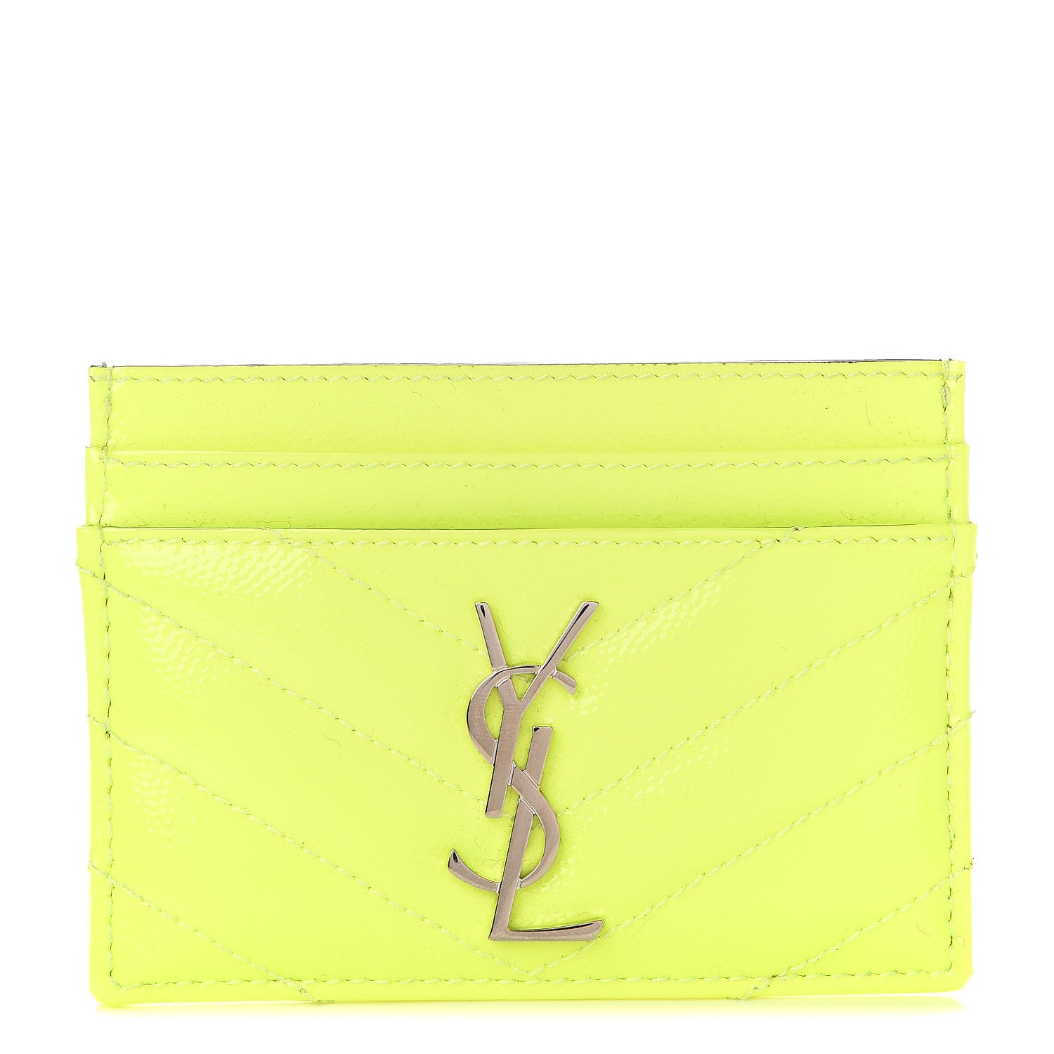 Saint Laurent Patent Grain De Poudre Matelasse Chevron Monogram Credit Card Case Neon Yellow 1 of 6