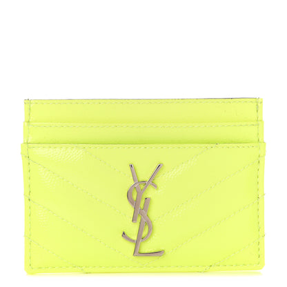 Saint Laurent Patent Grain De Poudre Matelasse Chevron Monogram Credit Card Case Neon Yellow 1 of 6