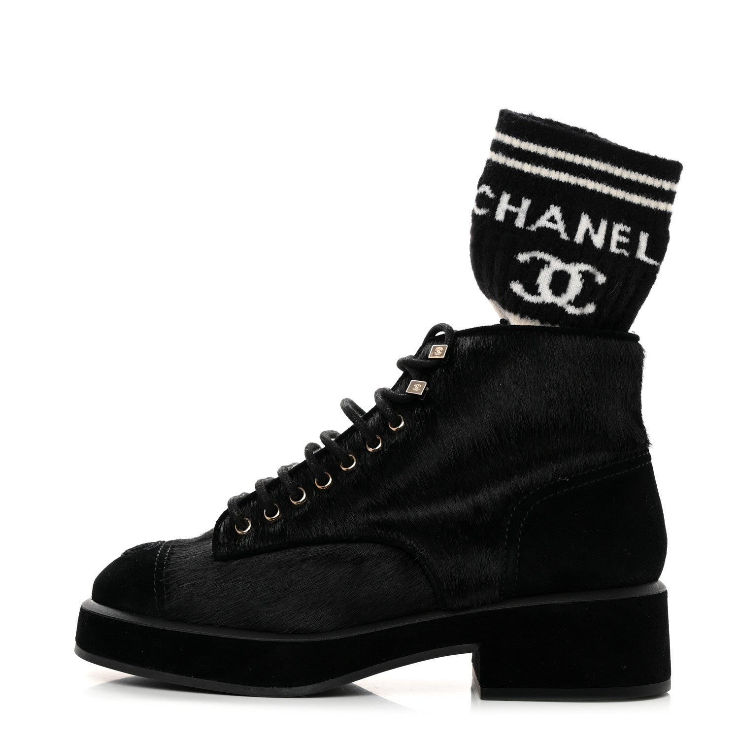 Chanel Suede Pony Hair Shearling Lace Up Combat Boots 39 Black White 1 of 9