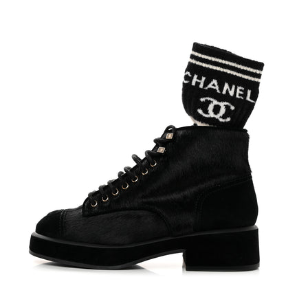 Chanel Suede Pony Hair Shearling Lace Up Combat Boots 39 Black White 1 of 9