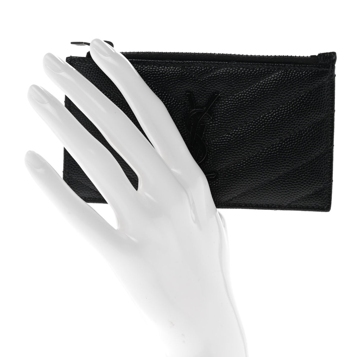 Saint Laurent Grain De Poudre Matelasse Chevron Monochrome Fragments Zippered Card Case Black 2 of 11