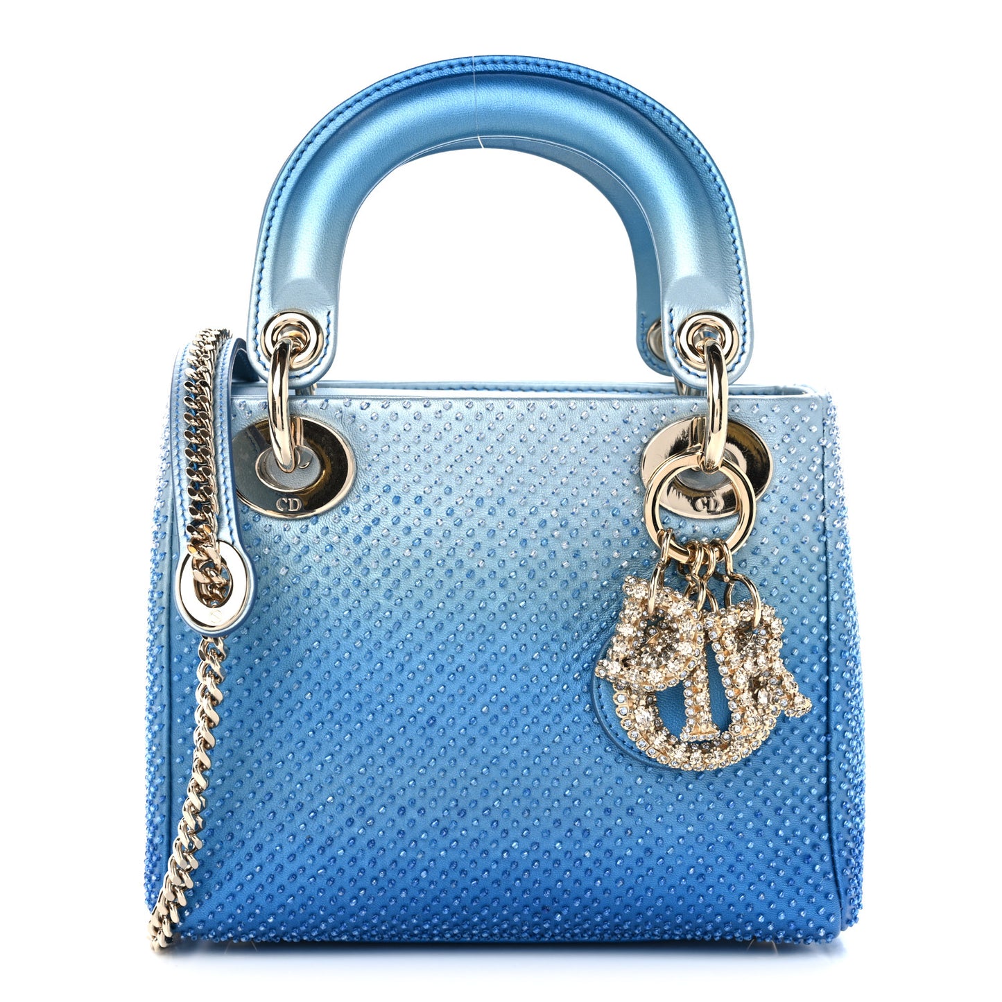 Metallic Calfskin Satin Bead Embroidery Cannage Mini Lady Dior Blue