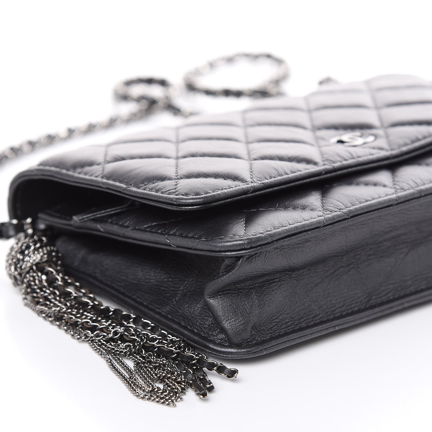 Iridescent Aged Calfskin Quilted Tassel Wallet On Chain WOC Dark Silver