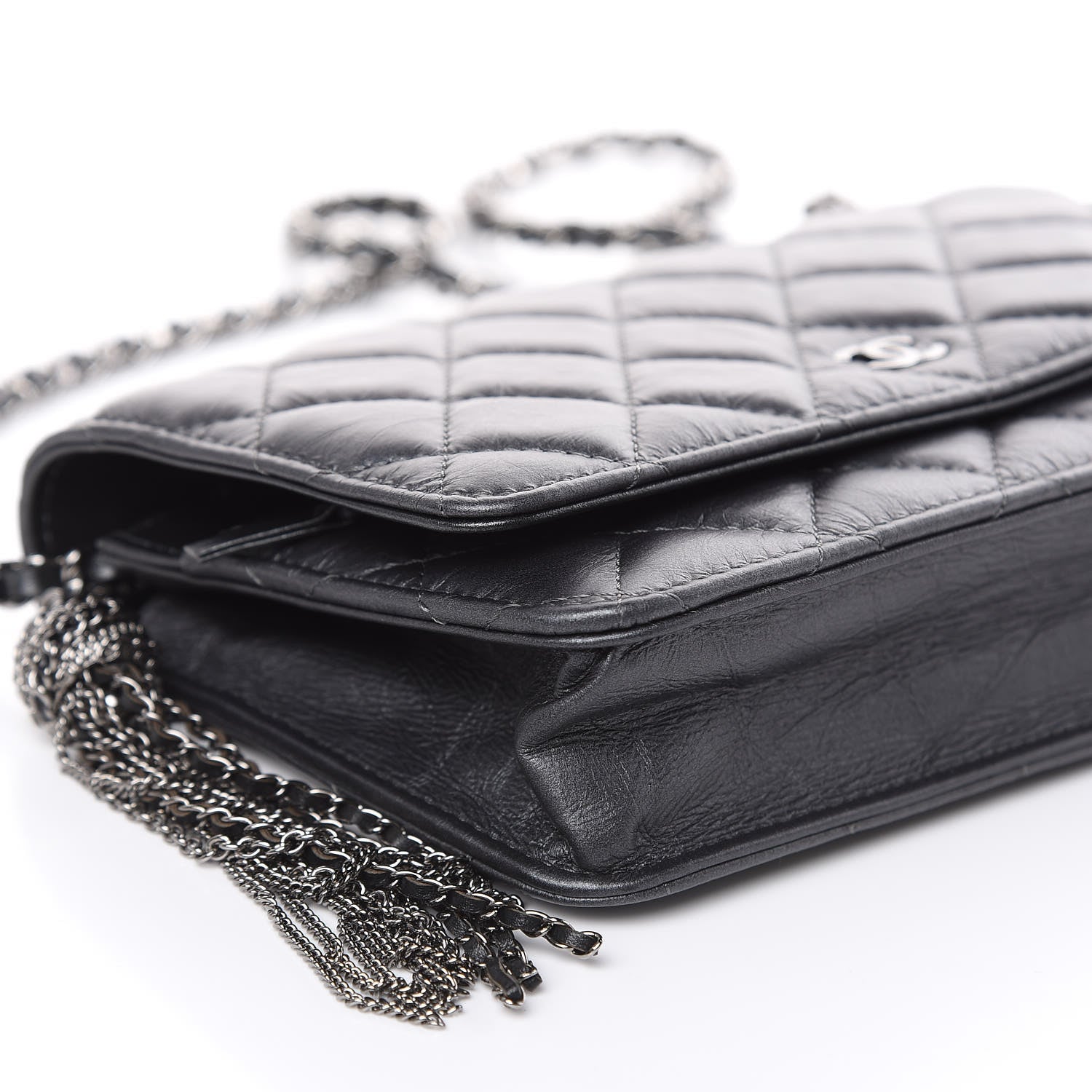 Chanel Iridescent Aged Calfskin Quilted Tassel Wallet On Chain WOC Dark Silver 9 of 12