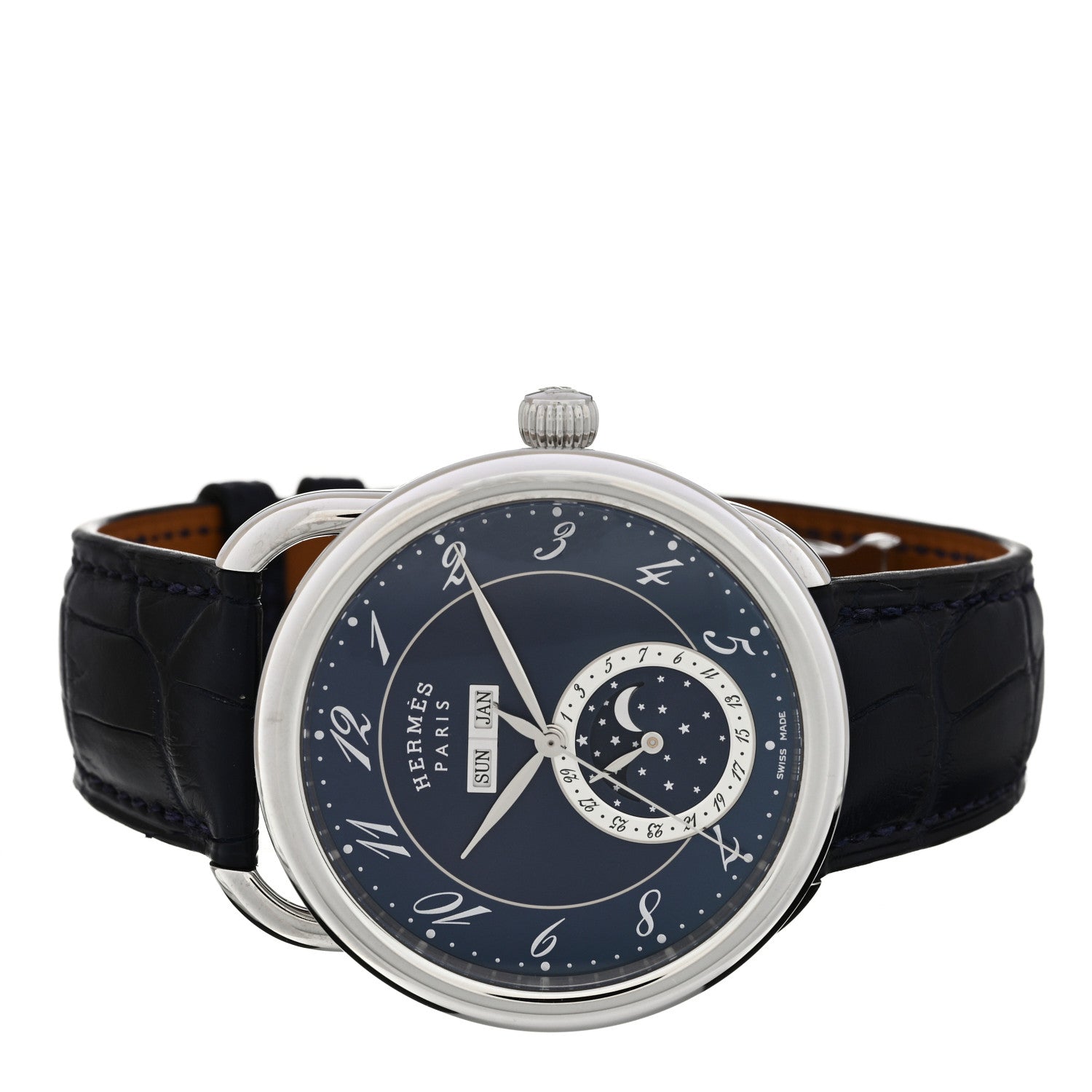 Hermes Stainless Steel Alligator 43mm Arceau Grande Lune Automatic Watch Bleu Abysse 2 of 5