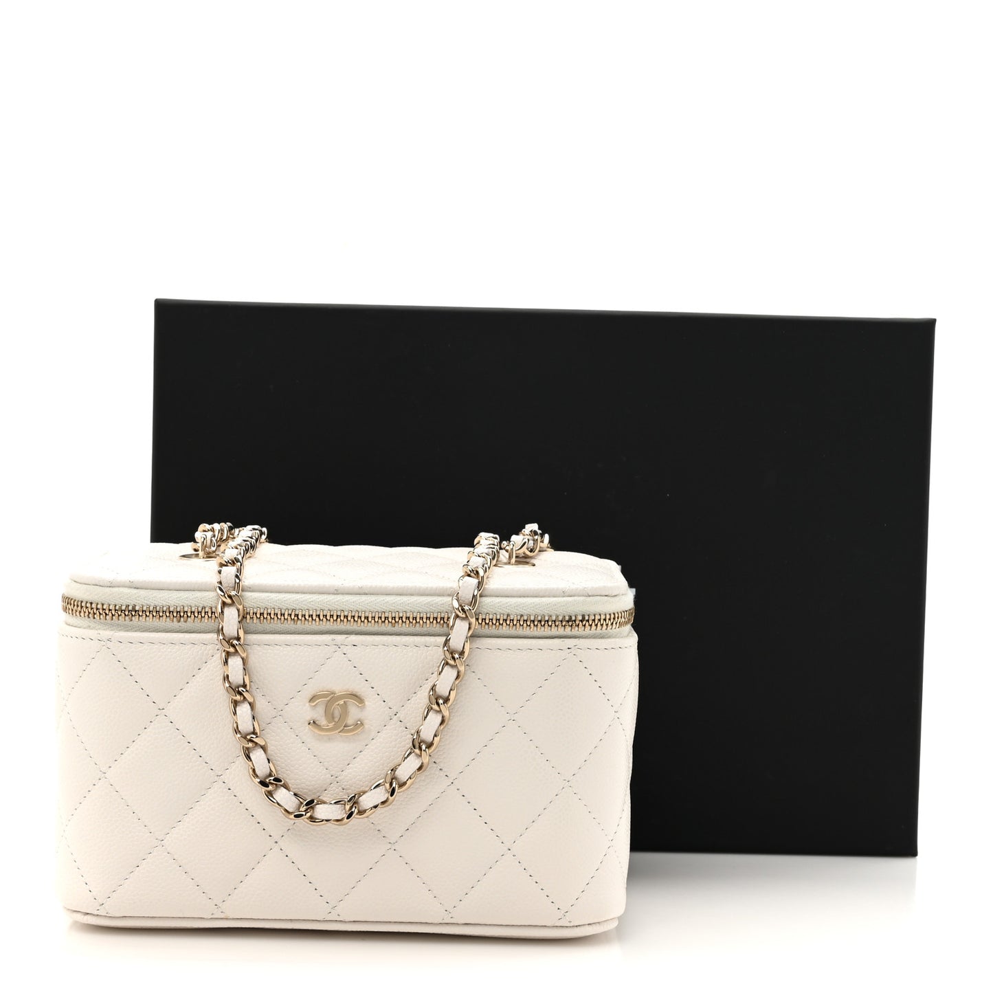 Caviar Quilted Small Vanity Case With Chain White
