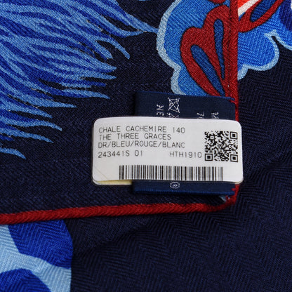 Hermes Cashmere Silk The Three Graces Shawl 140 Bleu Rouge White 3 of 4
