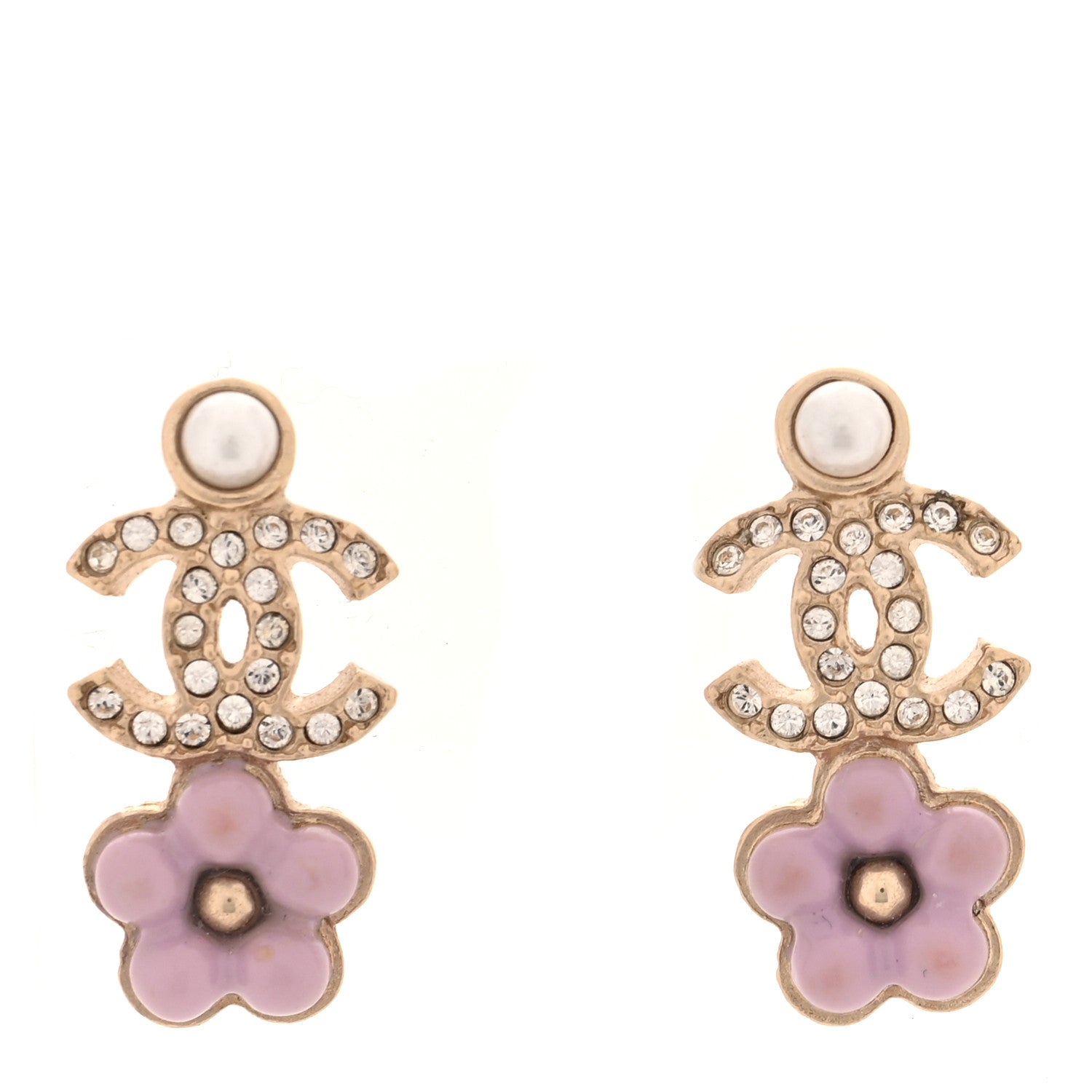 Chanel Crystal Pearl CC Flower Earrings Purple Gold 1 of 4