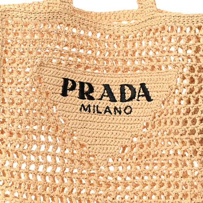 Prada Yarn Raffia Effect Crochet Logo Embroidered Tote Bag Naturale 8 of 10