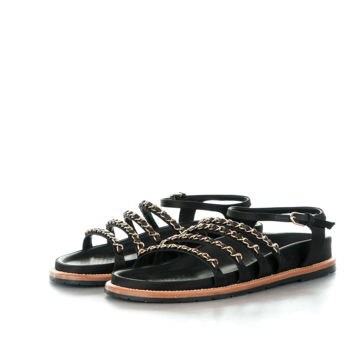 Satin Lambskin Chain Flat Sandals 39 Black