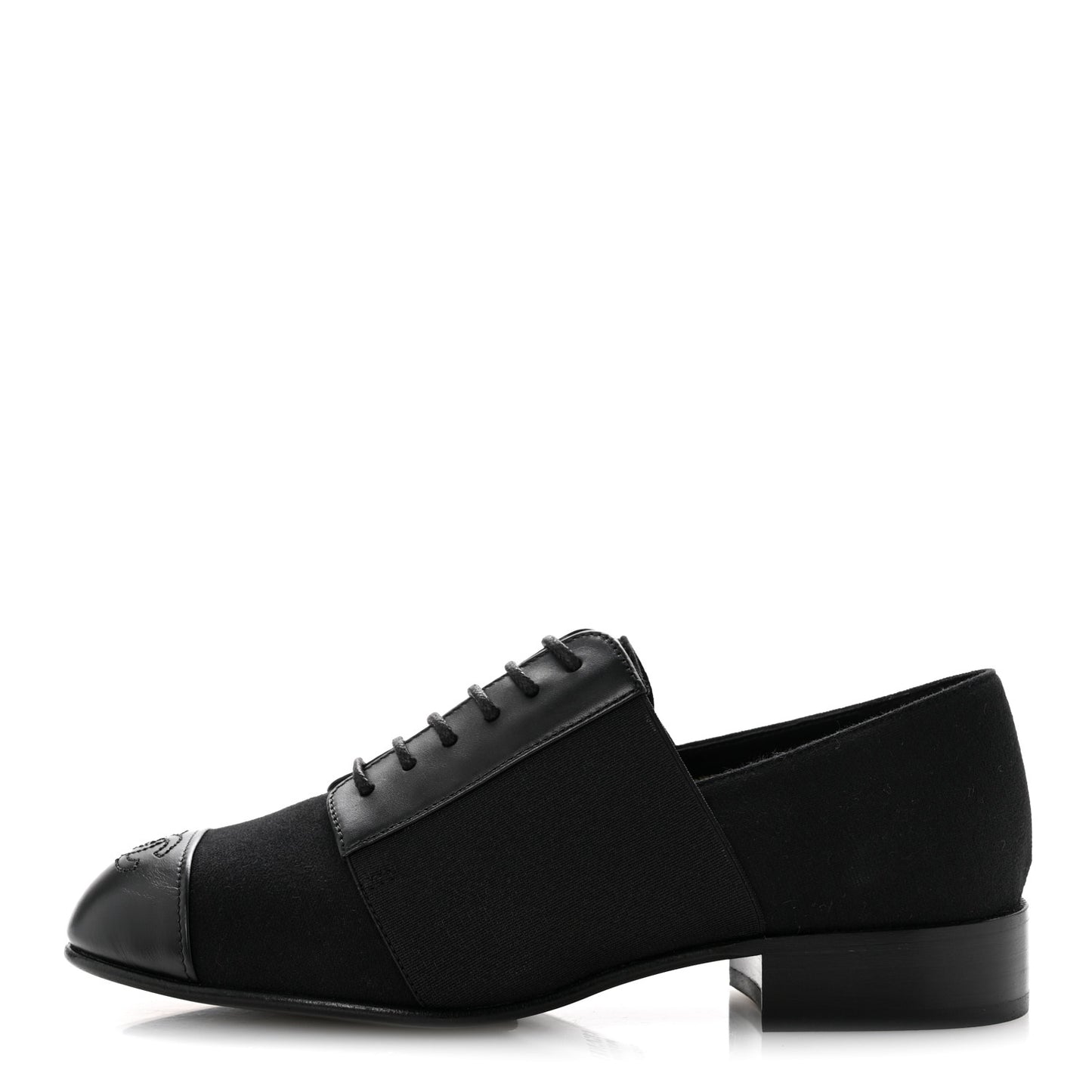 Calfskin Elastic Lace Up Cap Toe CC Loafers 35 Black