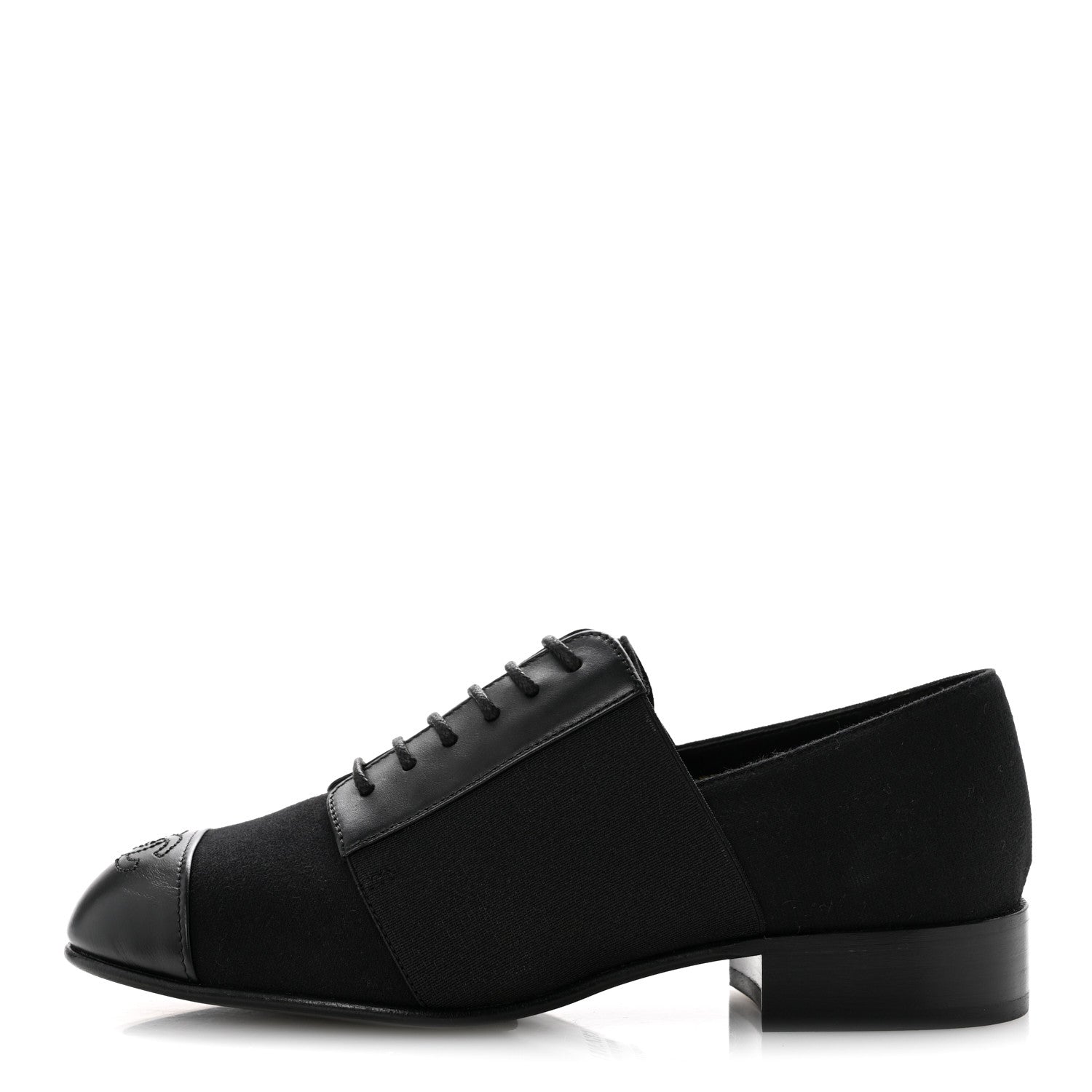 Chanel Calfskin Elastic Lace Up Cap Toe CC Loafers 35 Black 1 of 9