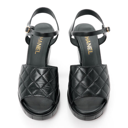 Chanel Lambskin Quilted Peep Toe Wedge Sandals 38.5 Black 2 of 10